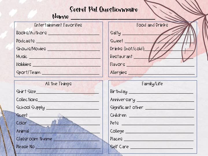 secret pal questionnaire